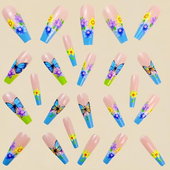 Long Coffin Press on Nails with Flower Design Fake Nails Butterfly False Nails Glue on Nails for Women 24pcs