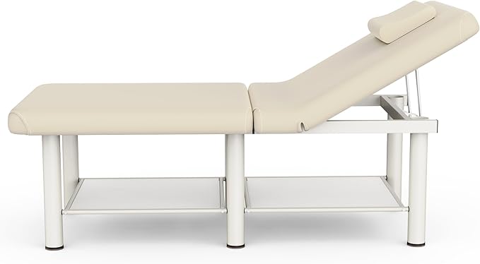 Folding Stationary Massage Table with Backrest and Storage Space, 6 Round Legs Metal Frame PU Leather, 30.5'' Wide × 75'' Long for Treatment Table Physical Therapy Table Spa Facial Bed, Beige Gray