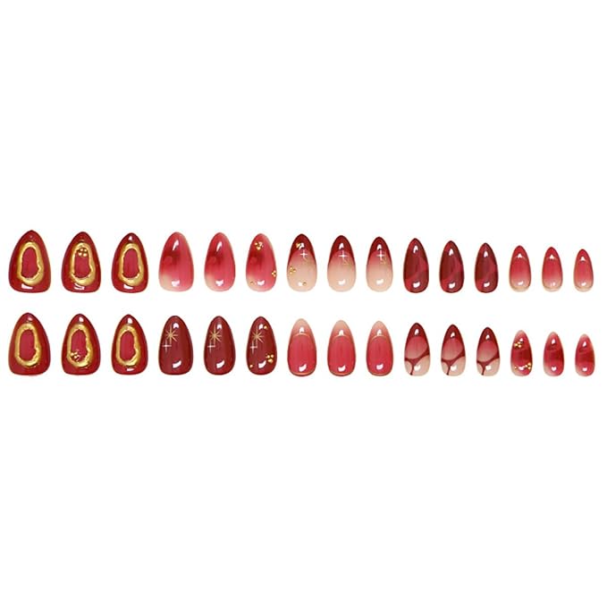 30Pcs Ombre Red Press on Nails Medium Almond Fake Nails 3D Star Rhinestones Glitter Handmade Design Y2K Gold Star Bead Full Cover Stick on Nails Chrome False Nails for Women Acrylic Nail Decorations