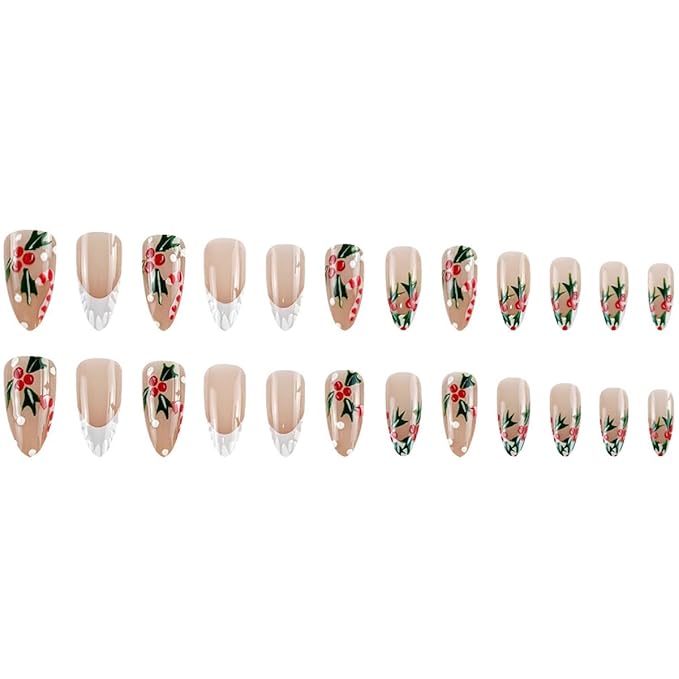 24Pcs Christmas Press on Nails Medium Almond Fake Nails with Xmas Holly Candy Designs 3D Embossed French Tip False Nail Full Cover Acrylic Nails Cute Snowflake Christmas Stick on Nail for Women