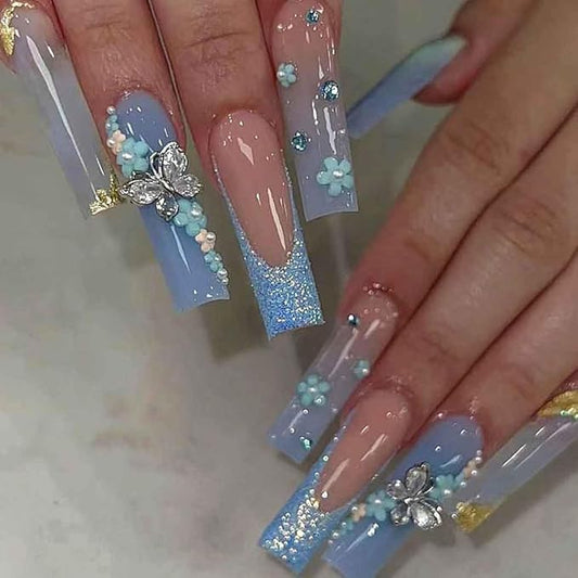 RikView Square Press on Nails Long Fake Nails with 3D Butterflies Design Blue Nails Glossy Stick on Nails Full Cover Nails for Women 24 PCS