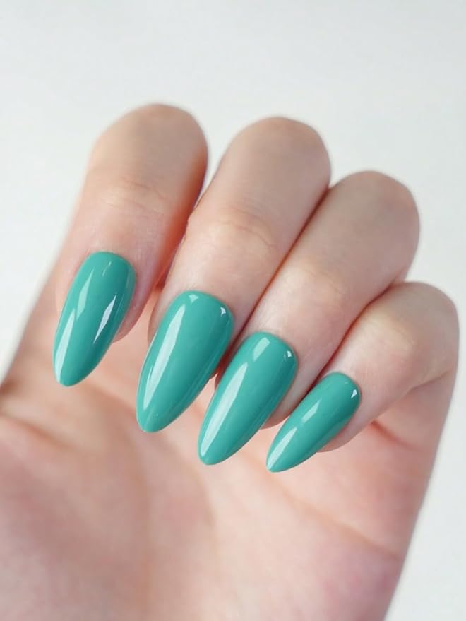 WOOYAS Press On Nails Almond, Handmade Gel Fake Nails Glossy Fake Nails Medium Length Solid Jungle Green Artificial Nail Kits Reusable Full Cover for Women Girls Gift, 24Pcs