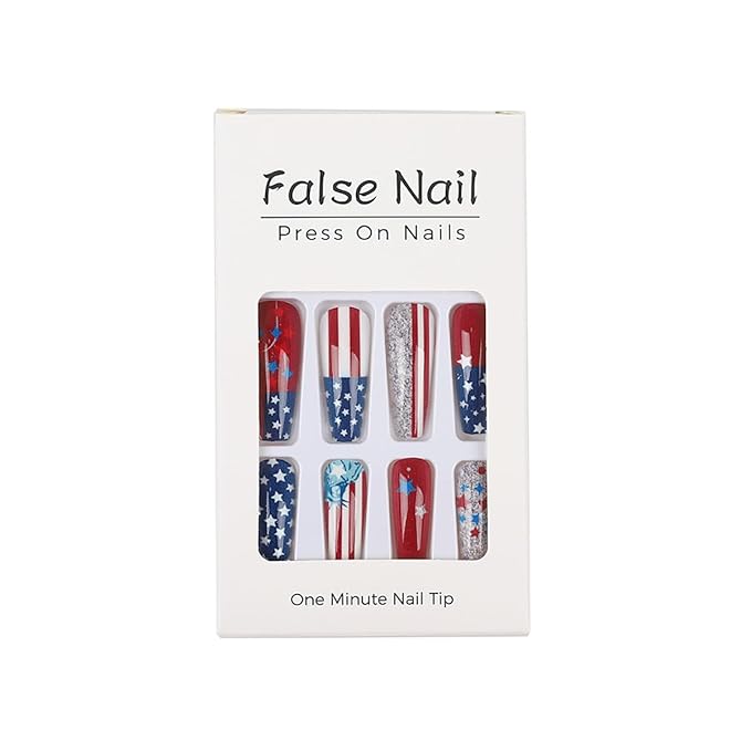 Independence Day Press on Nails Long Square Fake Nails Red Blue Star Stripe Design 4th of July False Nails Glitter Stick on Nail Gradient Glue on Nail for Women Holiday Decoration Art Nail Supplies
