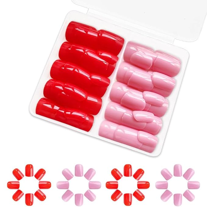 2 Packs 48Pcs Press on Nails Short Square Fake Nails Solid Color Acrylic False Nails Glossy Glue on Nails Kid Pink Red Stick on Nail for Women Girls Nail Art Decoration