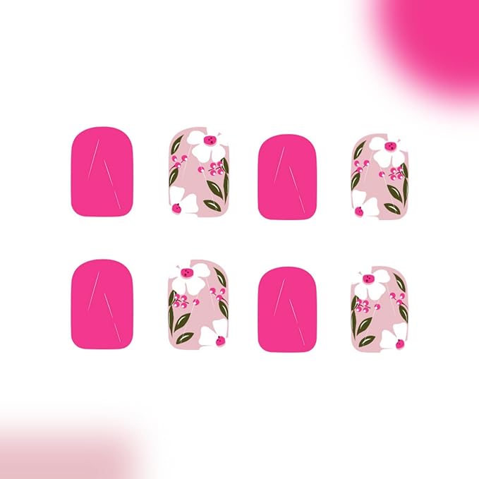 Flower Press on Nails Short Square Fake Nails Pink False Nails Spring Summer Glossy Full Cover Acrylic Nails Cute Floral Glue on Nails Shiny Artificial Stick on Nails for Women Manicure 24 Pcs
