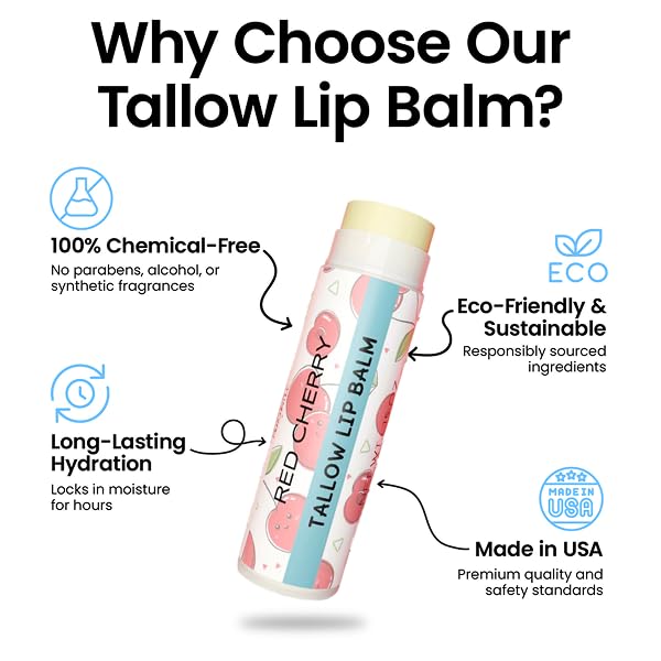 Tallow Lip Balm by Cattle Creek – Organic, All-Natural Ingredients, Long-Lasting Moisture and Hydration for Dry, Cracked, and Chapped Lips, Soothing Formula for Soft Skin (Pack of 3, Red Cherry)