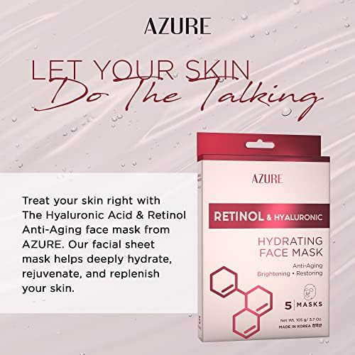 Azure Cosmetics Retinol & Hyaluronic Acid Anti Aging Facial Sheet - Rejuvenating & Hydrating Face Mask - Helps Reduce Fine Lines & Wrinkles, Smooths & Repairs - Made in Korea - Pack of 5