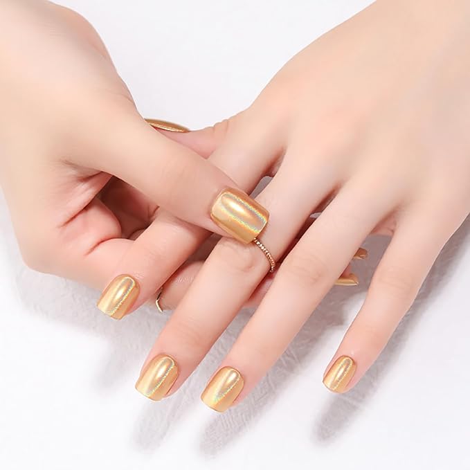 24Pcs Gold Holographic Acrylic Press on Nails Short Square - Reusable Fake Nails with Nail Glue Kit, Long Lasting Chameleon Static Nails for Women Daily Wear & Parties (Glossy Laser Design)