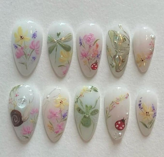 30Pcs Colorful Flower Press On Nails Medium Almond Fake Nails with 3D Water Drop Pearl Design Spring Summer Floral Gold Line False Nails Snails Dragonfly Butterfly Stick on Nails for Women