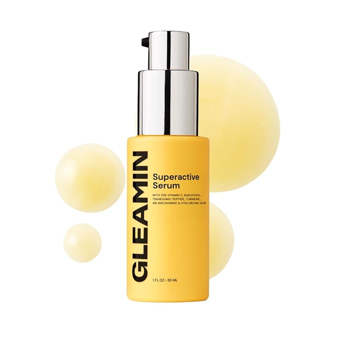 Gleamin Superactive Vitamin C Serum for Face with 15% Vitamin C, Niacinamide, Bakuchiol & Hyaluronic Acid – Skin Brightening Facial Serum for Women & Men – Dark Spot Remover & Radiant Glow – 1 fl oz