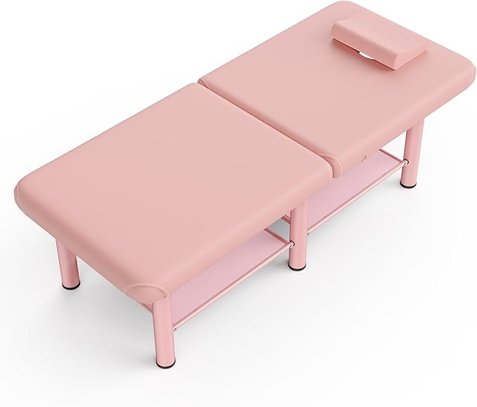 Folding Stationary Massage Table with Backrest and Storage Space, 6 Round Legs Metal Frame PU Leather, 30.5'' Wide × 75'' Long for Treatment Table Physical Therapy Table Spa Facial Bed, Pink