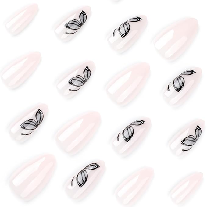 Butterfly Press On Nails Almond Shape, Nude Fake Nails with Butterfly Cat Eye Gray Ombre Design, Glossy Gel Finish Acrylic Nails Kit for Women, Natural Reusable Glue-On Nails Set, 24 Pcs