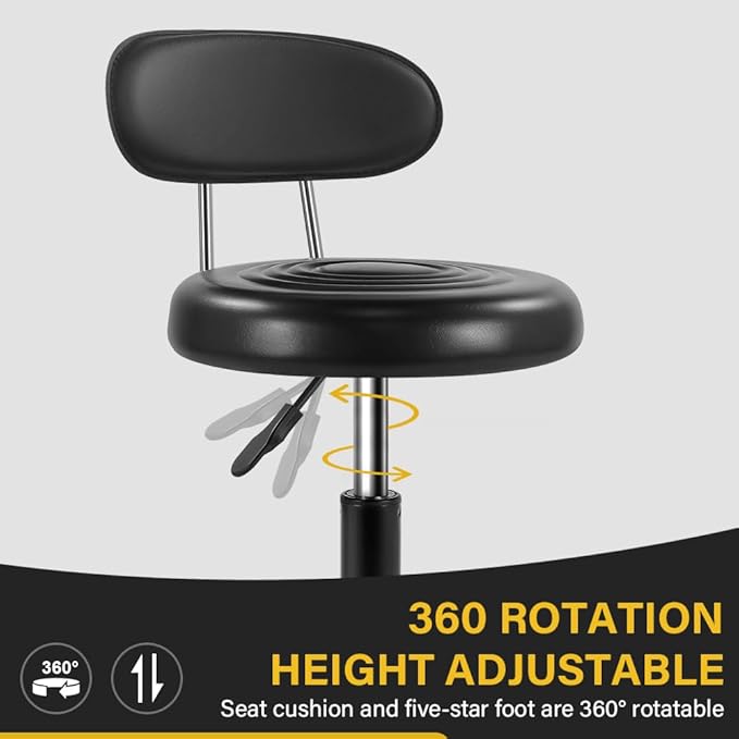 Rolling Stool with Wheels Swivel Stool with Back Height Adjustable Chair PU Leather Rolling Chair Ideal for SPA Salon Home Office Drafting Work (Black)