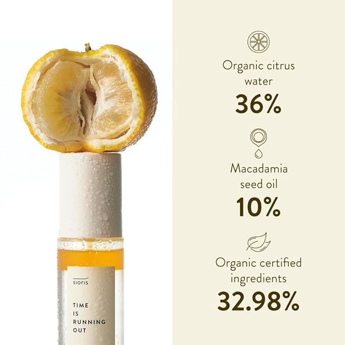 SIORIS Time Is Running Out mist 30ml (organic, vegan), glass skin face mist for Sensitive Skin, jojoba oil for moisture lock, enriched citrus water rejuvenates glass veil finish