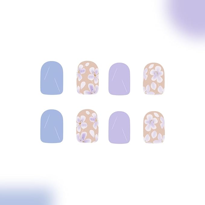 Flower Press on Nails Short Square Fake Nails with Designs Gold False Nails Purple Glossy Full Cover Glossy Acrylic Nails Summer Glue on Nails Cute Artificial Stick on Nails for Women Manicure 24 Pcs
