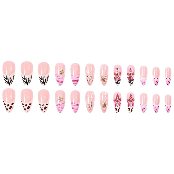 Long Almond Press on Nails Fake Nails Gradient Floral Animal Print Stick on Nail for Women 24pcs