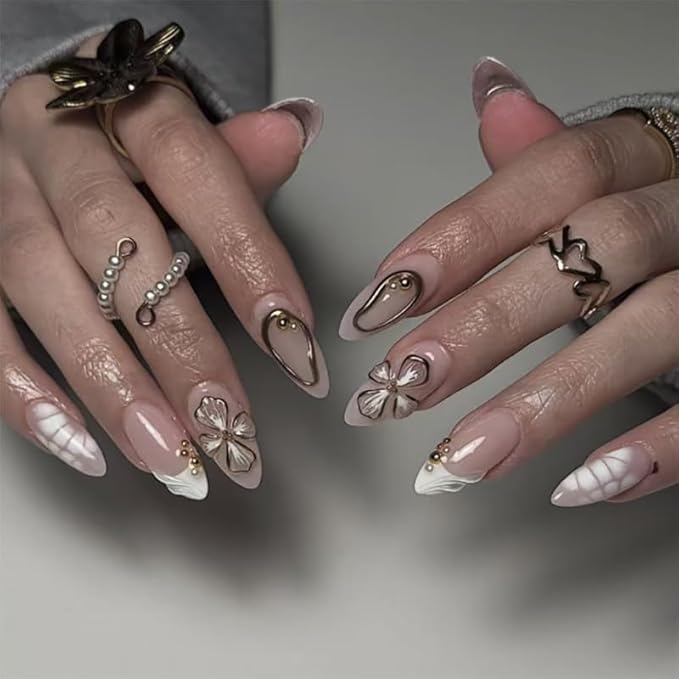 3D Gold Line French Tips Press On Nails Almond Medium, White Flower French Tip Designer Reusable Acrylic Nails Press Ons, Fake Nails With Glue On, Daily Wear Floral False Nails For Women