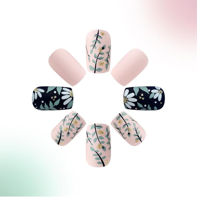 Flower Press on Nails Short Square Fake Nails Matte Spring Summer Glue on Nails with Flower Leaf Designs Acrylic Stick on Nails Reusable Artificial Nails for Women Manicure Decorations 24Pcs