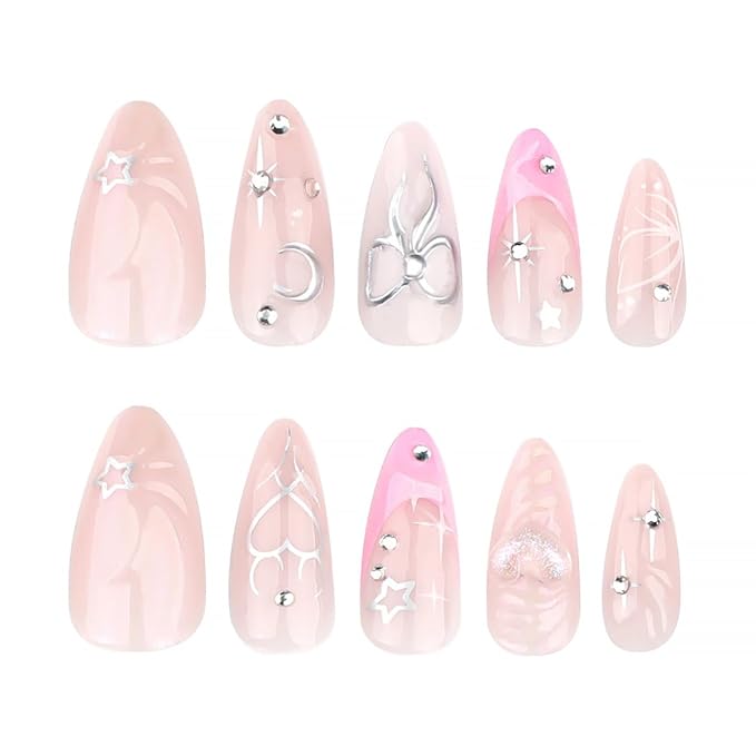 24Pcs Medium Almond Press on Nails Pink French Tip Fake Nails 3D Pink Heart Resin with Silver Star Rhinestones Glitter Full Cover Glue on Nails Artificial Cute Bow False Nails for Women Acrylic Nails