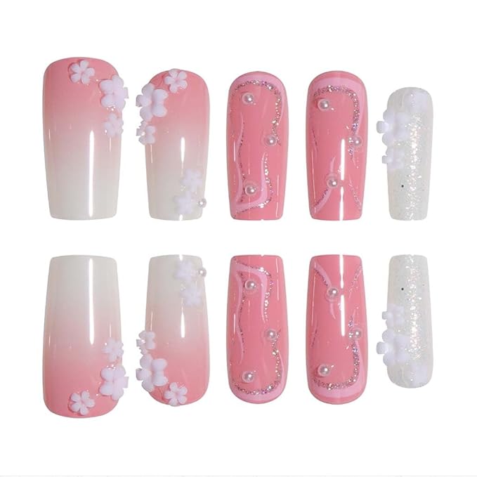 Press on Nails Medium Long Pearl Gradient Pink Fake Nails Square Bling Glossy 3D Flower False Nail Tips Artificial Nails Finger Manicure for Women and Girls,24pcs