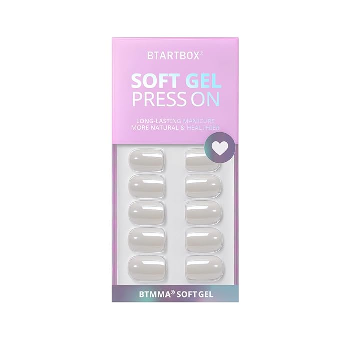 BTArtbox Press On Nails Short - White Soft Gel Press On Nail, Square Chrome Nail Tips Glue On Nails, Reusable Stick On Nails in 15 Sizes - 30 Soft Gel Fake Nails Kit, Vanilla Glazed