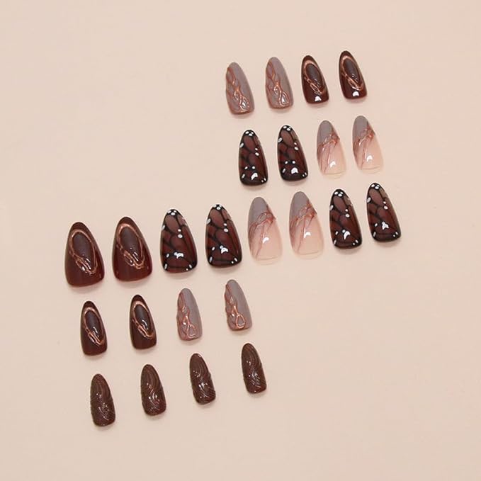 Almond Press on Nails Brown Butterfly Fake Nails 3D Gold Line Acrylic Nails Medium Artificial Nails Glossy French Tip False Nails Glue on Nails for Women Girls Manicure Nails Decoration