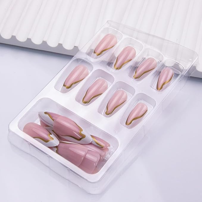 White French Tip Press on Nails Almond Medium Fake Nails Gold Stripes False Nails Full Cover Glossy Artificial Acrylic Stick on Nails for Women Manicure Decoration 24Pcs