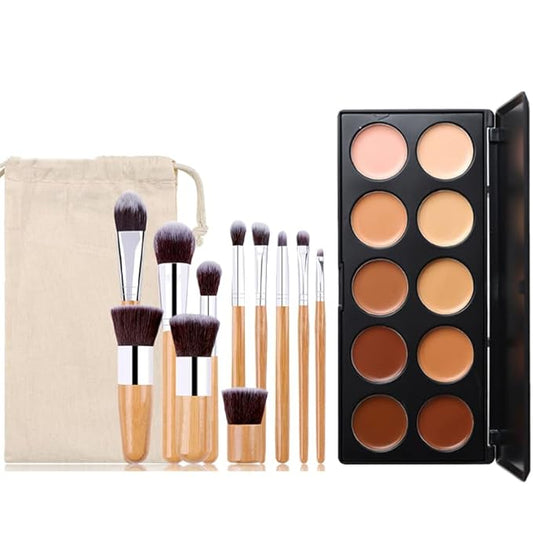 10 Shade Creamy Concealer Kit with Makeup Brush Set, 3 In 1 Professional Cream Concealer, Contour, Foundation, Color Corrector for Diminishes Appearance Dark Circles & Softens Fine Lines