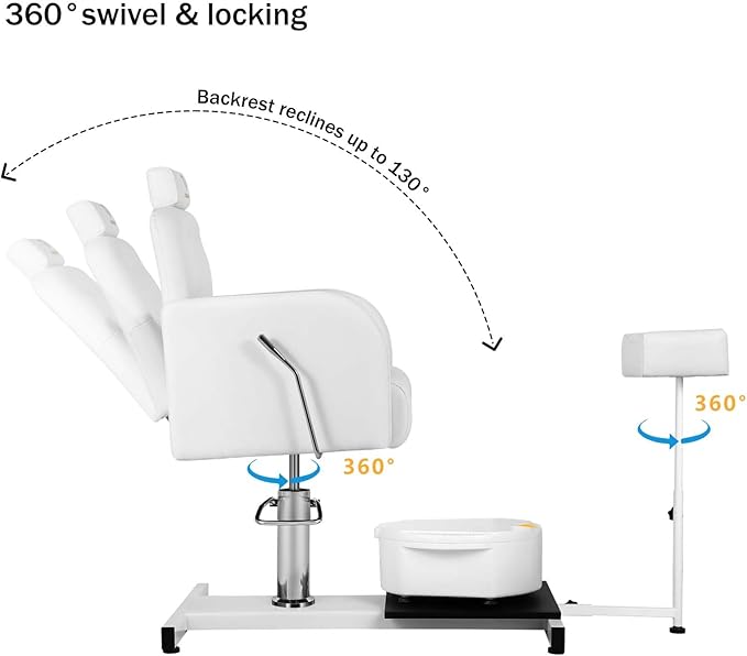 Pedicure Chair Station with Stool, 360° Rotation Hydraulic Reclining Pedicure Chair No Plumbing Unit Station with Foot Basin White