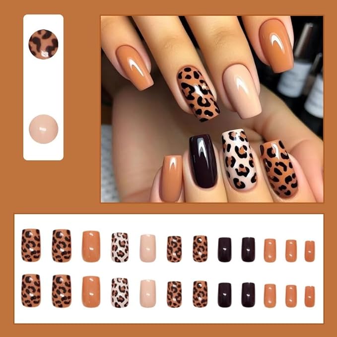 24Pcs Leopard Print Press on Nails Medium Square Fake Nails Nude Nails Press ons Cheetah Stick on Nails Full Cover Artificial Nail Brown Black Acrylic Nails Solid Color False Nails for Women Girls