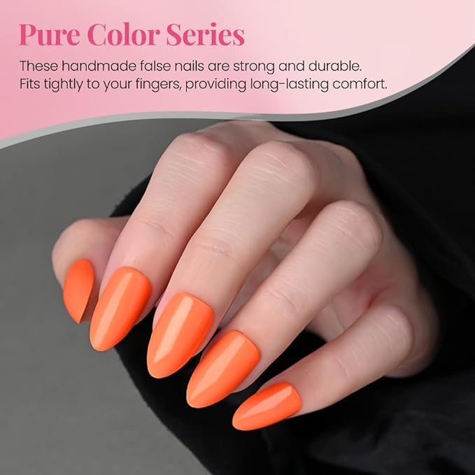 evpct Glossy Press on Nails Short Almond Short for Women, Orange Fake Nail with Glue Salon Quality Reusable Stick on Nails In 15 Sizes 30Pcs Full Cover False Nail Soft Gel Set Kit for Gift, 19