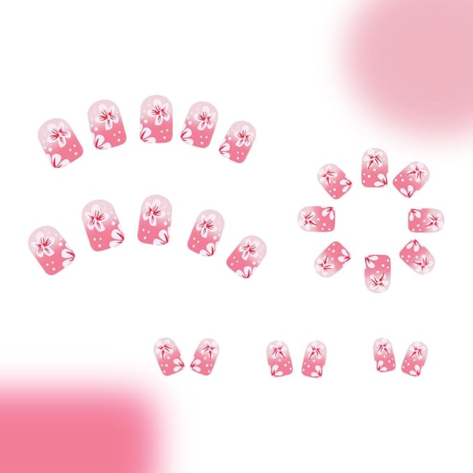 Flower Press-on Nails Short Square Fake Nails Peach Floral with Rhinestone Design French Tip False Nails Gradient Glue on Nail Glossy Stick on Nail Spring Acrylic for Women Decor Salon Manicure