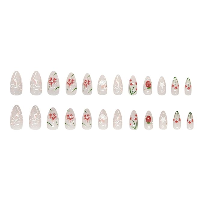 24Pcs Summer Press on Nails Medium Almond Fake Nails with Strawberry Lily Pearl Designs Flower Bow Glue on Nails Full Cover Artificial Nails Cute Stick on Nails for Women Daily Wear