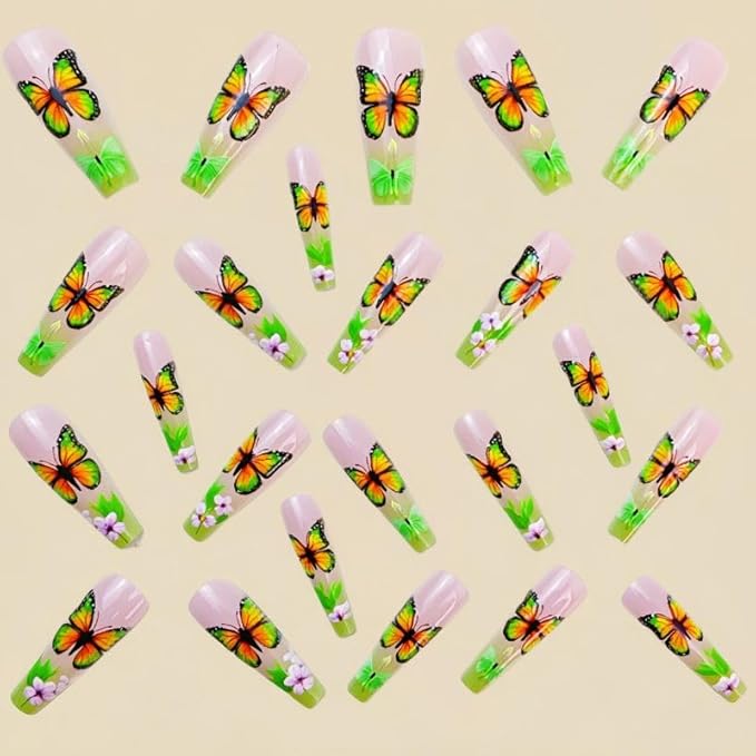 Coffin Press on Nails Long Length with Butterfly Design French Tip Nails Green Acrylic Nails for Women 24pcs