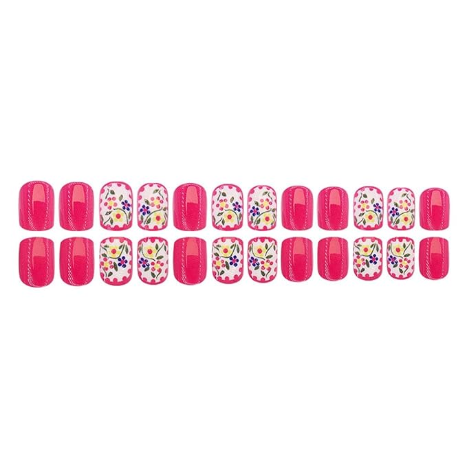 24Pcs Square Fake Nails Short Press on Nails Pink False Nails with Flower Design Full Cover Acrylic Nails Artificial Nails Glossy Floral Glue on Nails Stick on Nails for Women Manicure Art