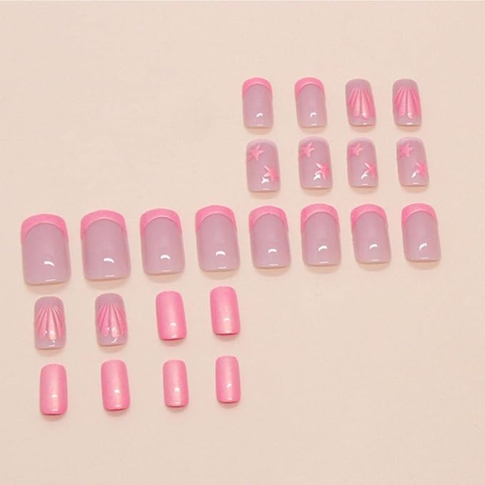Press on Nails Pink French Fake Nails Medium Rhinestone Square Bling White Nails Glossy False Nail Tips Artificial Nails Luxury Finger Manicure for Women and Girls,24pcs