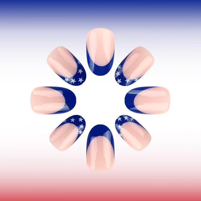 Independence Day Press on Nails French Tip Fake Nails Short Almond False Nails with Star Design Glossy Glue on Nails Artificial Acrylic Full Cover Nude Stick on Nails for Women Girls Manicure 24Pcs