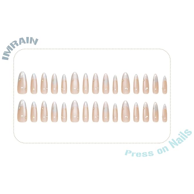 IMRAIN Press on Nails Long Stiletto Fake Nails Blue French Tips False Nails Aurora Laser Glossy Full Cover Artificial Natural Glue Stick on Nails 24Pcs