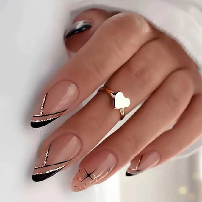 144 Pcs Press on Nails Medium Almond Fake Nails French Tip False Nails with Designs Glitter Glue on Nails Reusable Artificial Nail Full Cover Acrylic Stick on Nail for Women Manicure 6 Packs