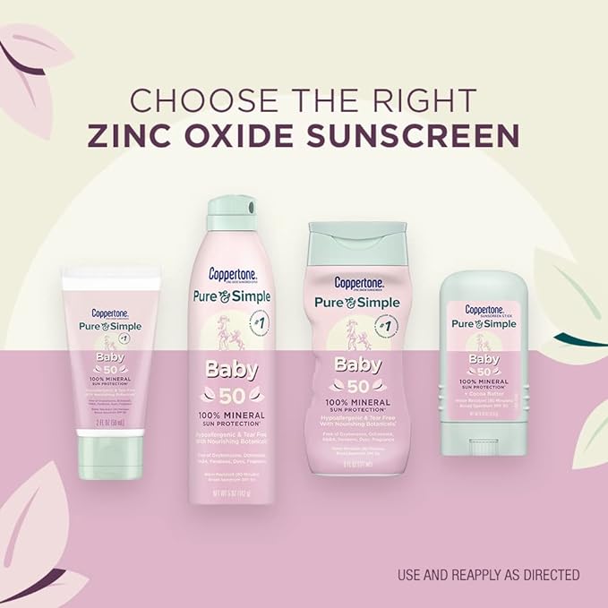 Coppertone Pure and Simple Baby Sunscreen Spray SPF 50, Zinc Oxide Mineral for Babies, Toddler, Water Resistant, Broad Spectrum, 5 Oz