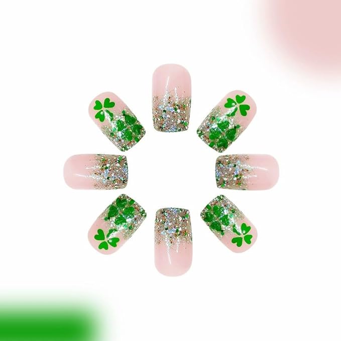 St. Patrick's Day Press On Nails, 24pcs Short Square Acrylic False Nails, Green Glitter & Ombre Designs, Glossy, Safe & Sturdy, Easy to Use, DIY