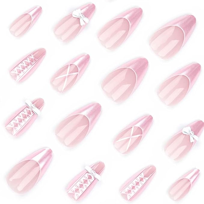 Press on Nails Medium Long Pearl Pink Fake Nails Almond Glossy 3D False Nail Tips Artificial Nails French Finger Manicure for Women and Girls-24pcs