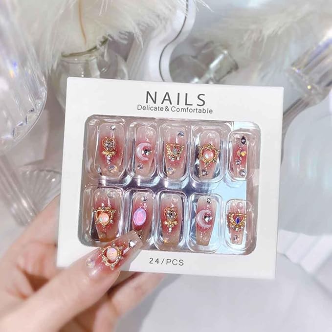 RikView Long Press on Nails Pink Fake Nails with 3D Design Coffin Nails Glossy Full Cover Nails for Women 24 PCs/Set