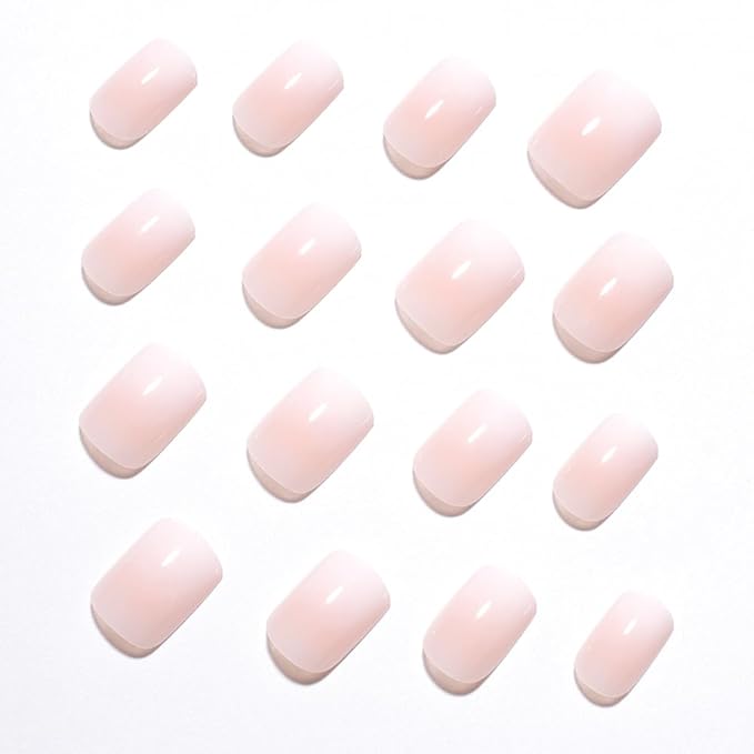 Pink Nude Ombre Press On Nails Short Square, Gradient French Tip Designer Fake Nail Reusable Real Acrylic Nails for Women, Glossy Soft Gel False Nail with Glue On Nails, Wedding Stick On Nail