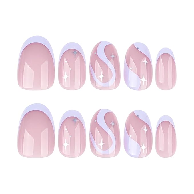 Short Press on Nails Almond French Purple Blue False Nails ilver Star Pattern Full Cover Artificial Stick on Nail Reusable Acrylic Nails Glue on Nails for Women Manicure Kit 24Pcs