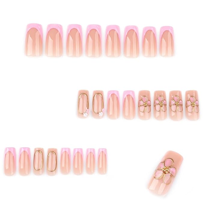 French Press on Nails Medium Long Pink Fake Nails Square Bling Glossy 3D Flower Design False Nail Tips Artificial Nails Finger Manicure for Women and Girls-24pcs (Nails 7)