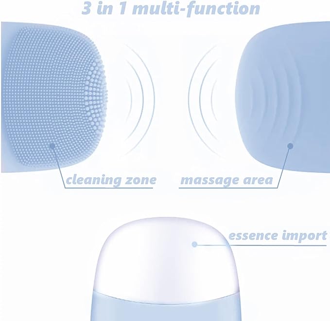 MEGAN Facial Cleansing Brush,USB Rechargeble Electric Silicone Face Scrubber,IPX7 Waterproof Sonic Facial Massager, 3 in 1 face Brush for Deep Cleanning, Blackhead Remover, Exfoliating.（Sky Blue）