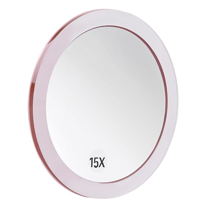15X Magnifying Mirror - with 3 Mounting Suction Cups - Used for Precise Makeup - Eyebrows/Tweezing - Blackhead/Blemish Removal - Bathroom/Travel Makeup Mirror - 6 Inch Round (Rose Gold)