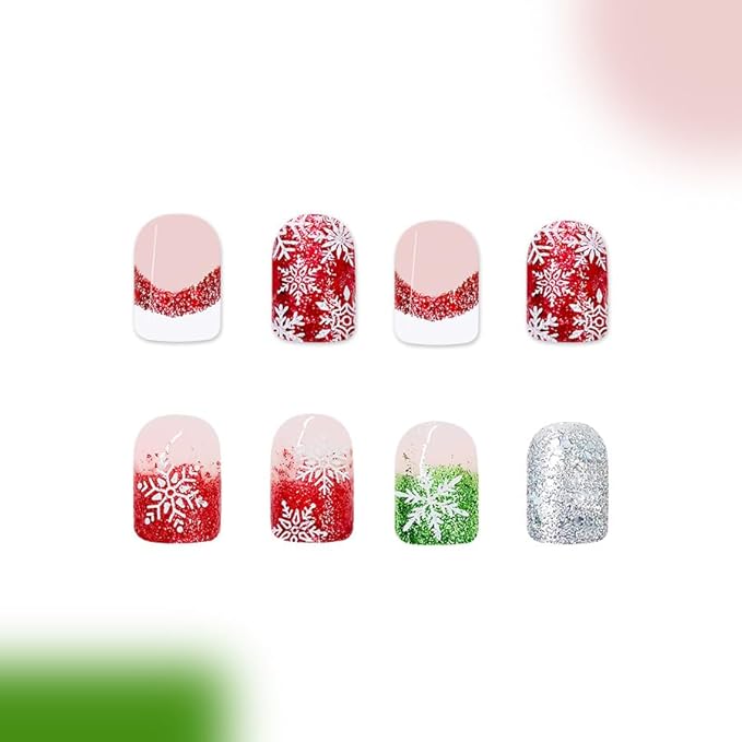 2 Packs 48Pcs Christmas Press on Nails Short Square Fake Nails Red Green Glitter Snowflake Nails French Ombre False Nails Glue on Nails Winter Xmas Stick on Nails for Women Girls Manicure