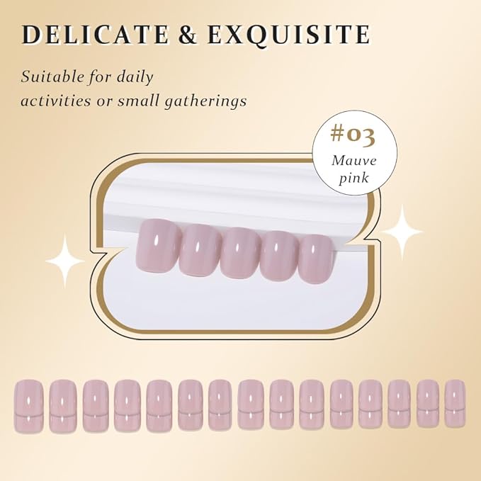 evpct Mauve Pink Glossy Press on Nails Short Square, Glossy Mauve Fake Nails Summer Reusable, Acrylic False Nail Stick Glue on Press ons for Women Gifts, Perfectly Fit False Nail Kit with Glue 30Pcs
